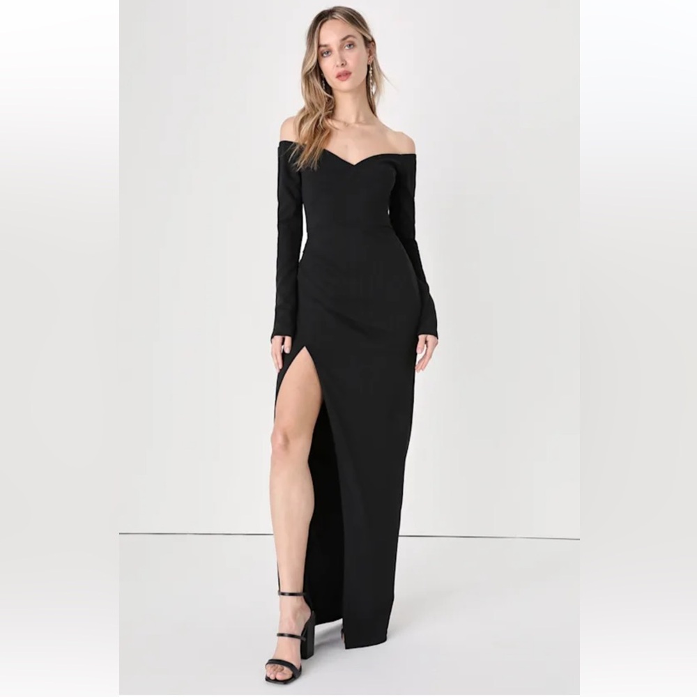 NWT LULU’S ‘Icons Only’ Black Off-the-Shoulder Long Sleeve Tulip Maxi Dress